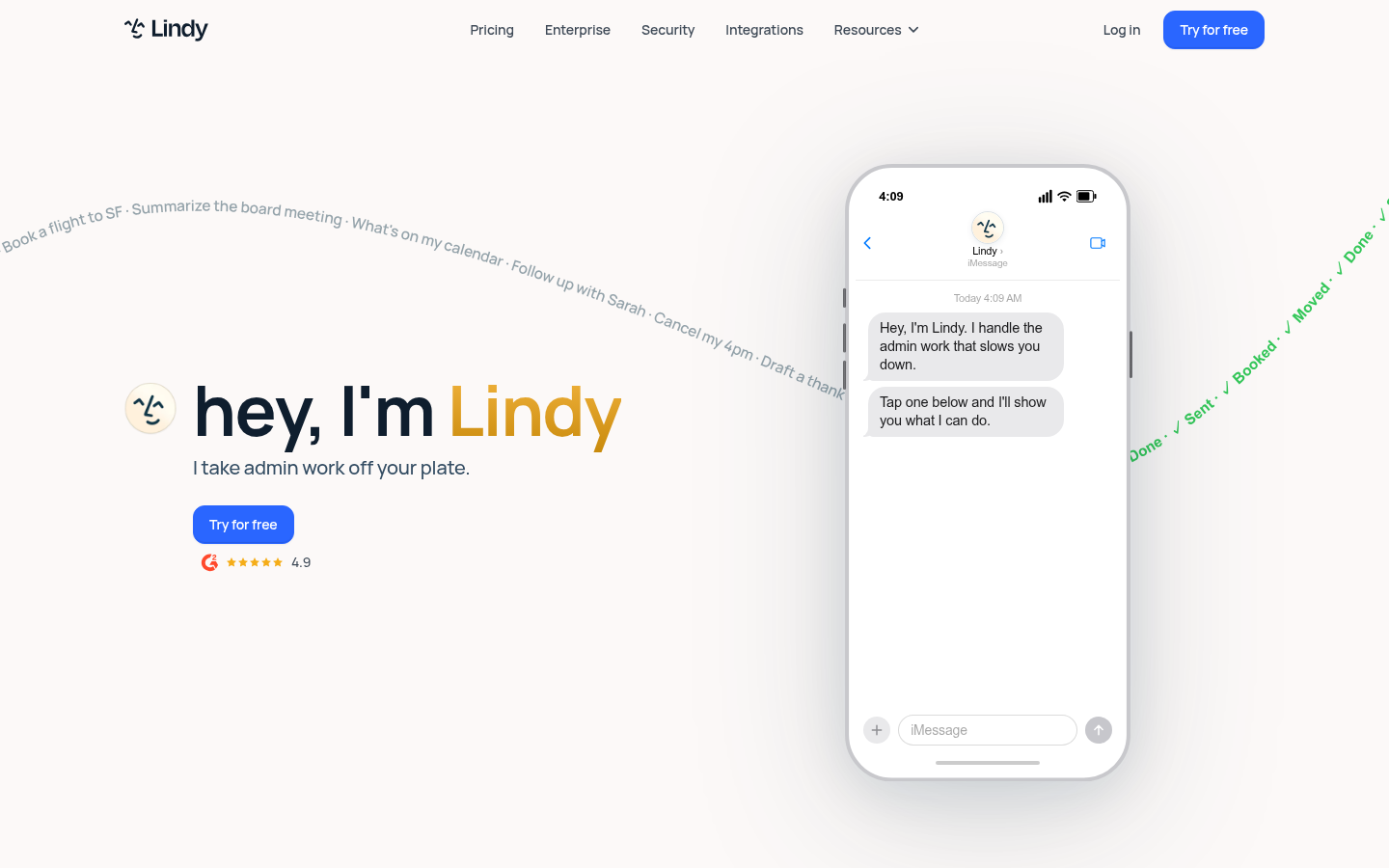 Captura de pantalla del sitio web de Lindy AI - asistente ejecutivo