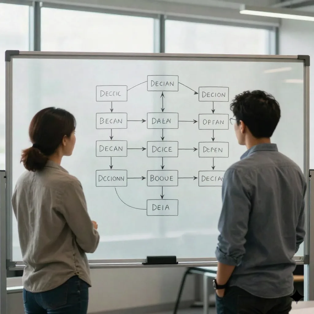 Deux ingénieurs examinant un organigramme de branches dessiné sur un tableau blanc en verre