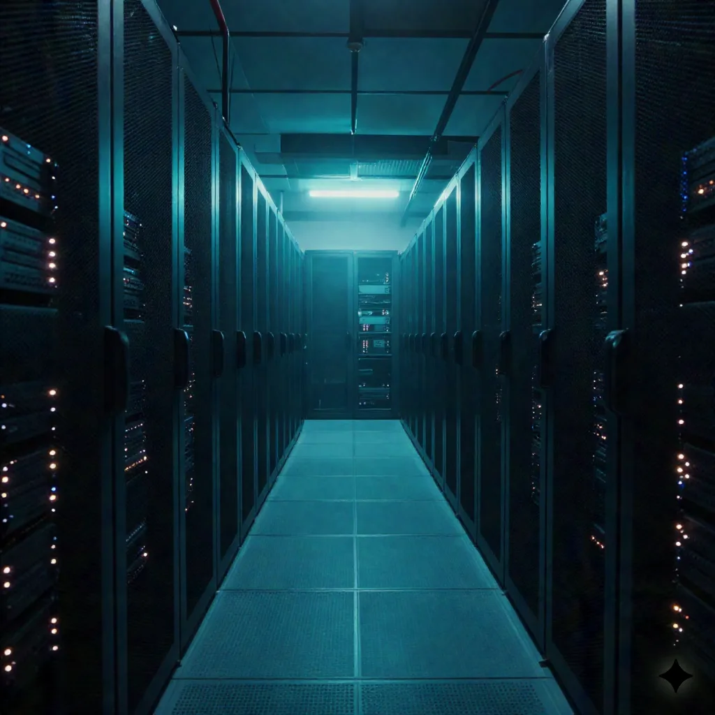 A dim server room corridor with rows of racks, representing the infrastructure layer AI agents monitor and act on