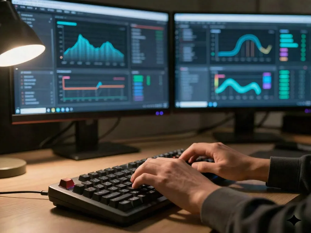 Platform engineer working at a dual-monitor dark-mode dashboard setup at night