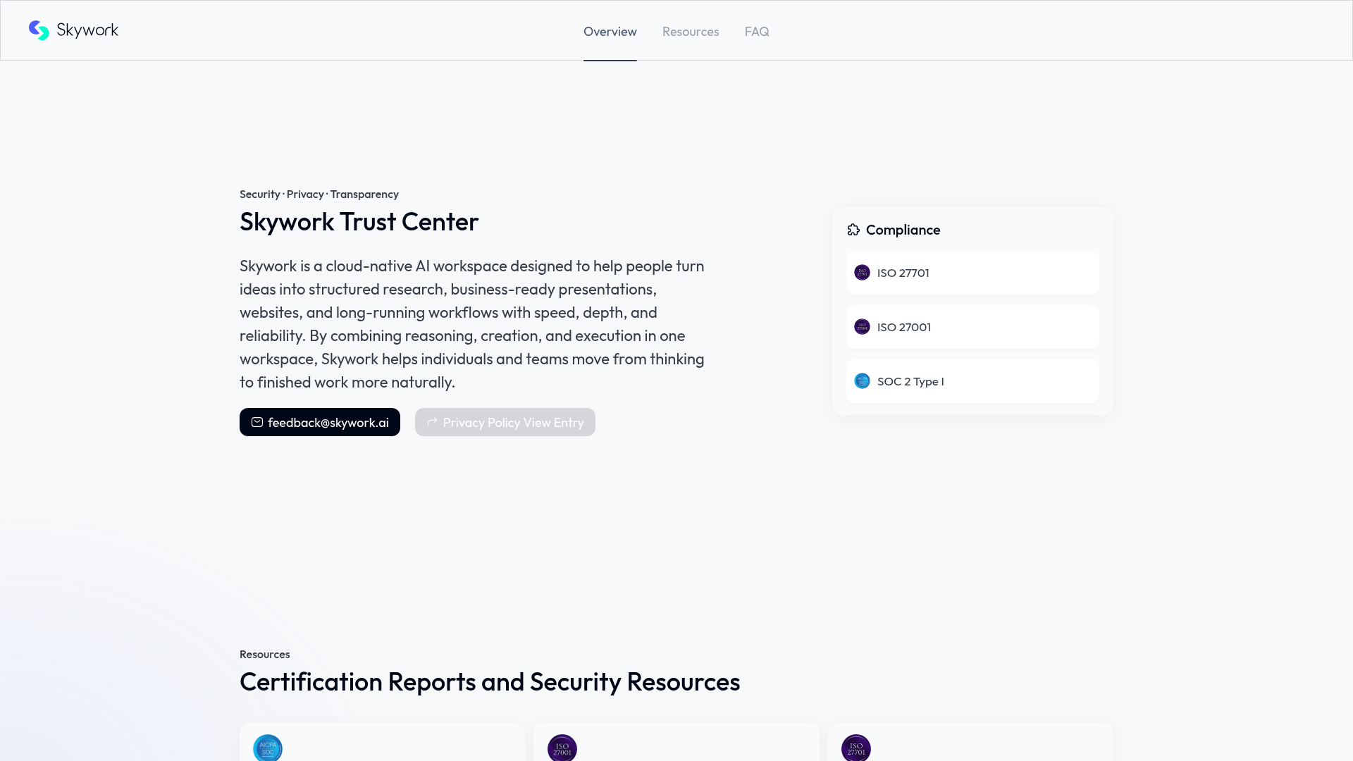 Skywork Trust Center page listing ISO 27001, ISO 27701, and SOC 2 Type I compliance badges