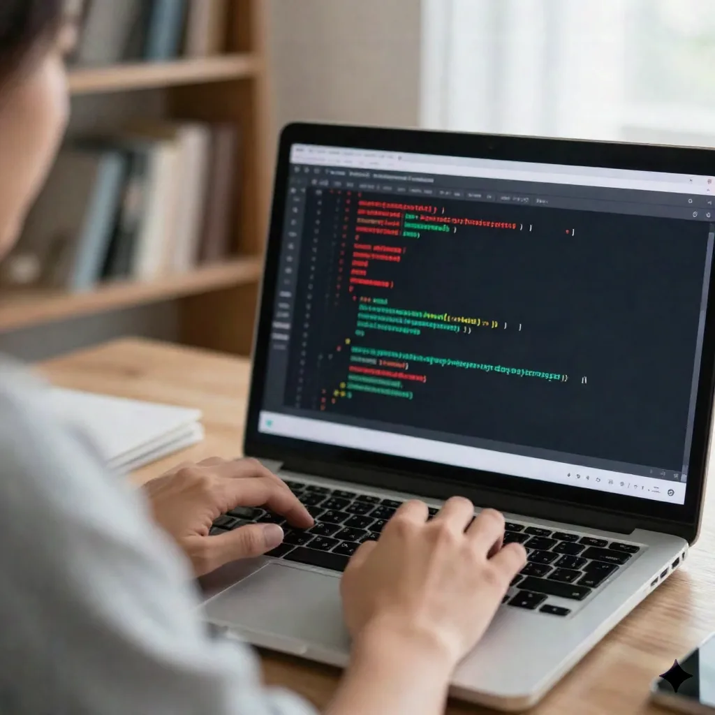 Gros plan : des mains examinant un diff de code avec indentation imbriquée sur un écran d'ordinateur portable