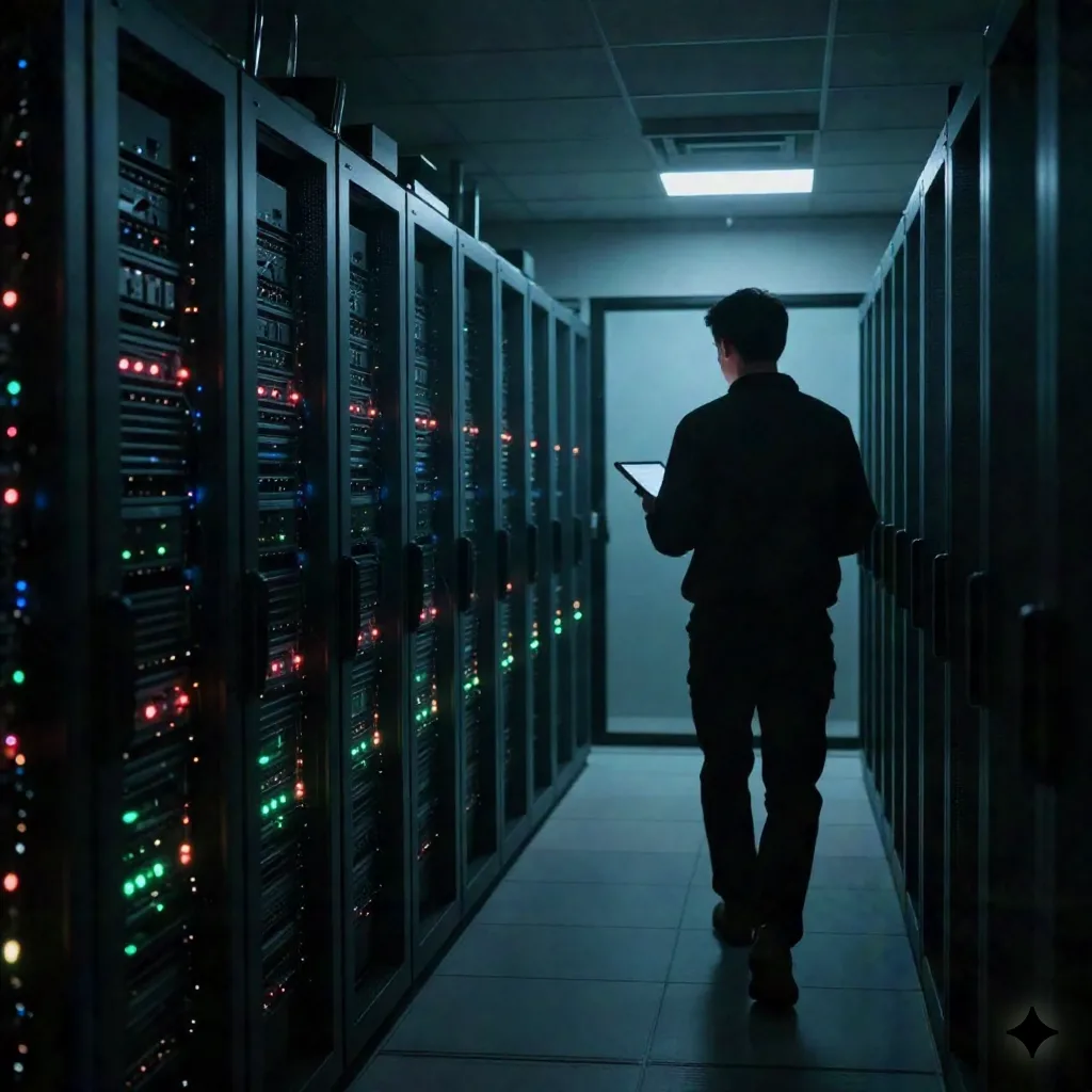 Couloir de salle serveur la nuit avec des LEDs de statut et un ingénieur solitaire qui s'éloigne avec une tablette