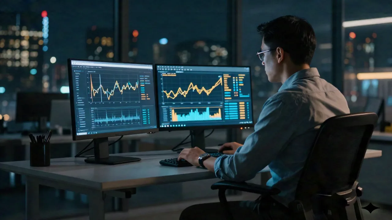 Platform engineer at a dual-monitor desk at night, dashboards glowing, illustrating an AI agent watching a production rollout