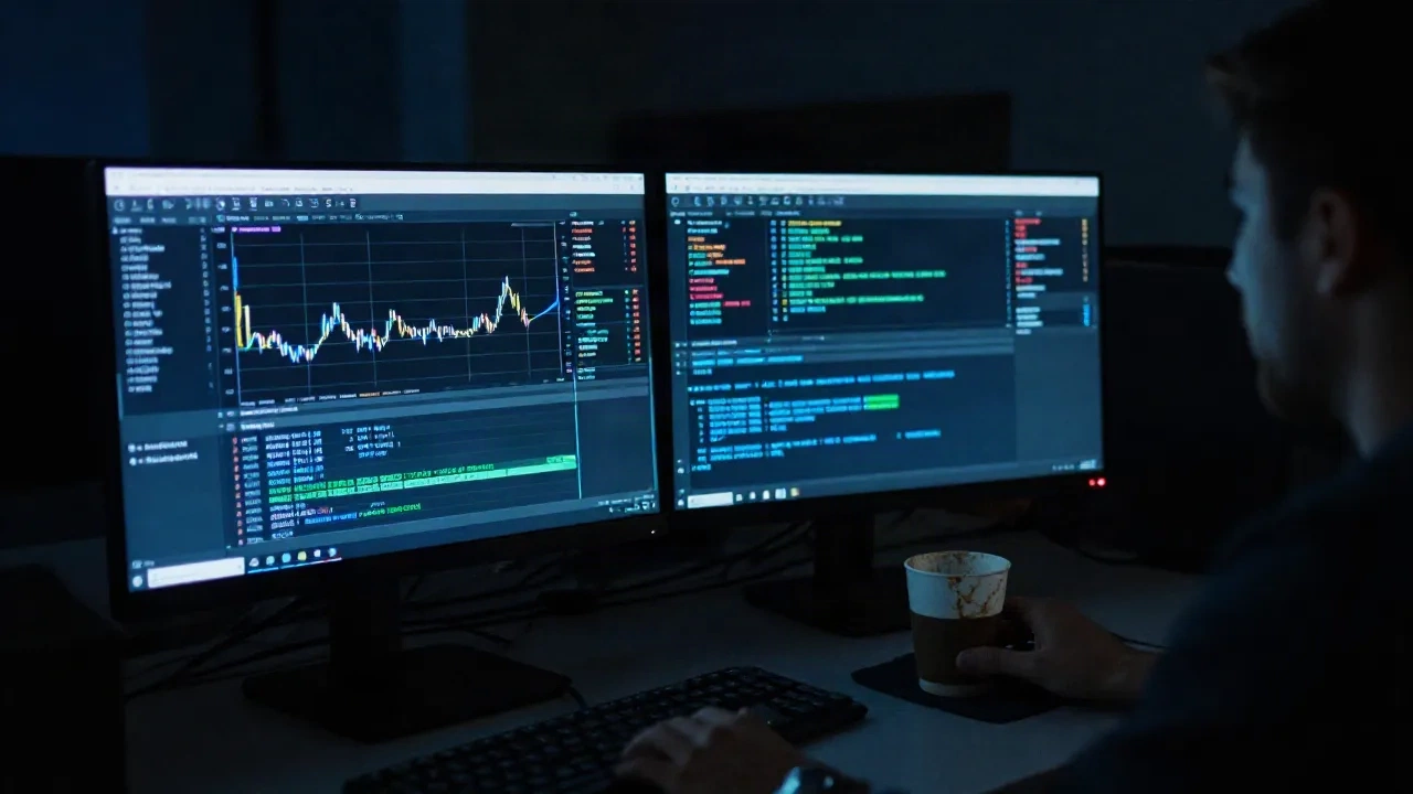 Dashboard de monitoreo de ingeniería en la noche mostrando métricas de deployment y output de terminal en pantallas duales