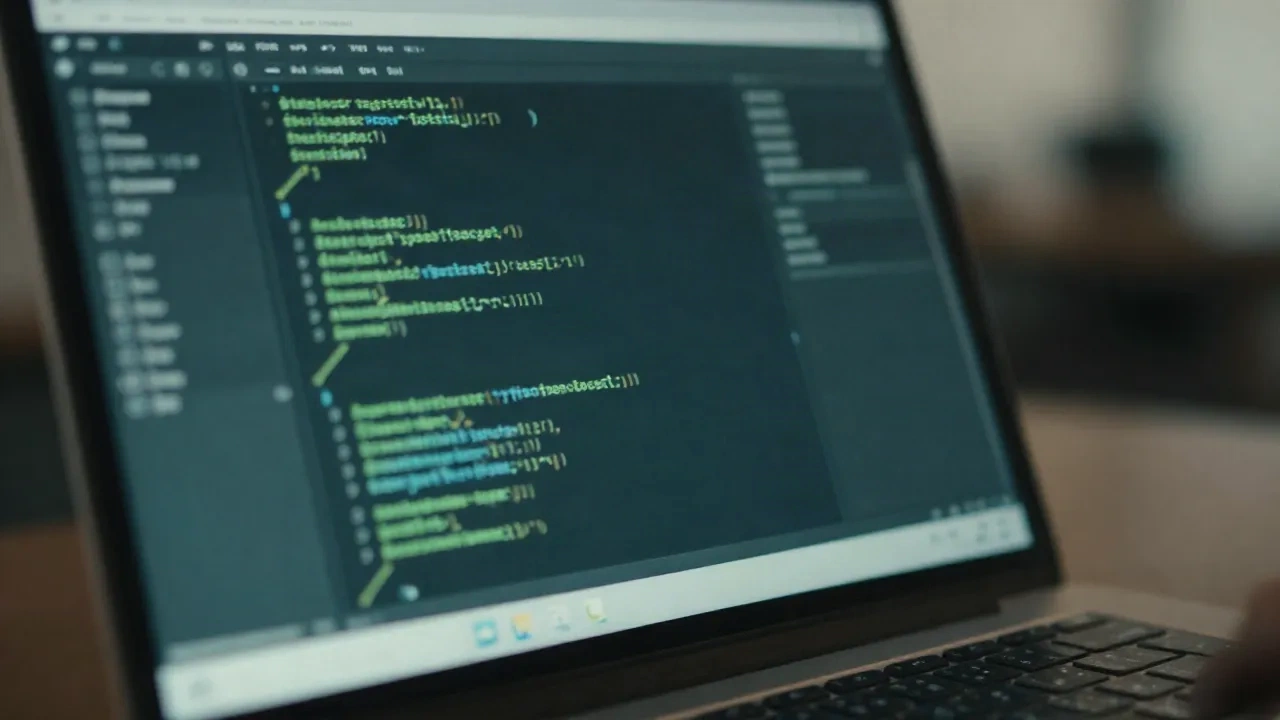 Laptop-Bildschirm mit einem verschwommenen Code-Editor mit bestandener Test-Suite