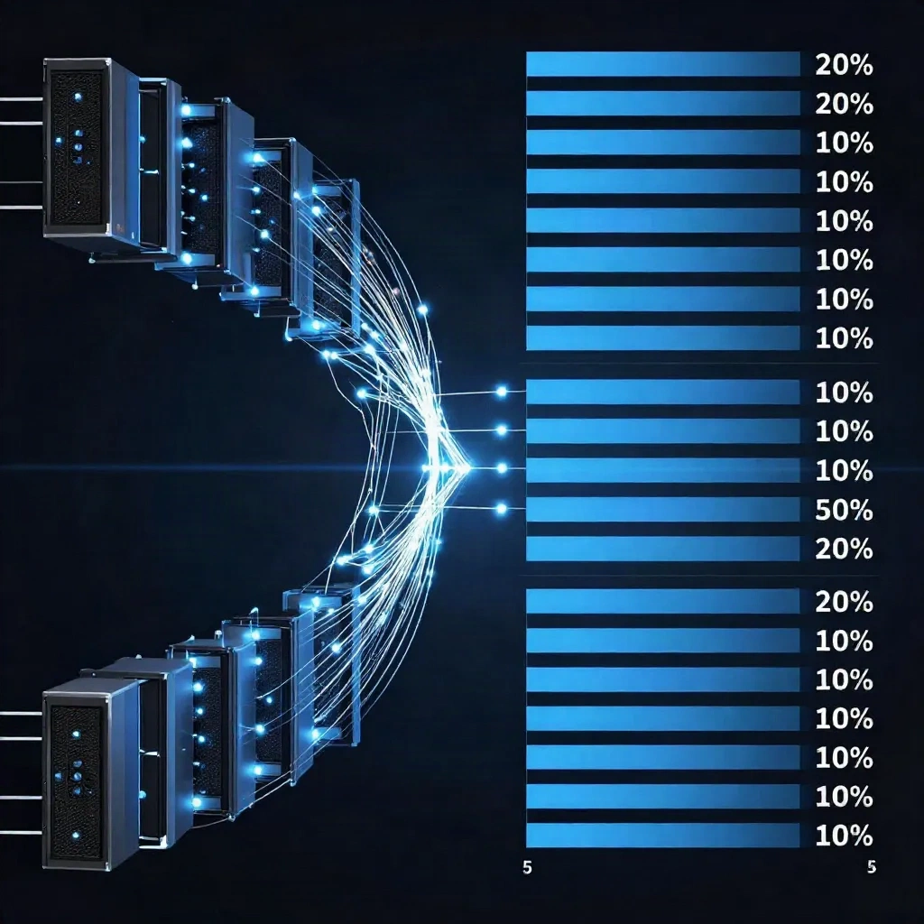 Abstract visualization of progressive deployment pipeline with canary rollout percentage indicators