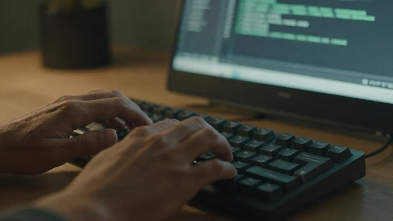 Primo piano di uno sviluppatore che digita su una tastiera meccanica con un editor di codice sfocato sullo sfondo