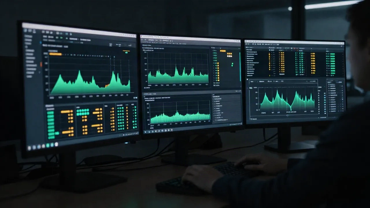 Station de travail SRE affichant des dashboards de déploiement pour surveiller un rollout de développement assisté par IA