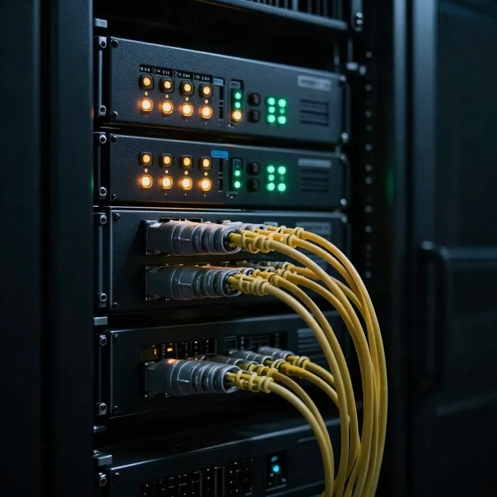 Server rack with status indicator lights in a production data center environment