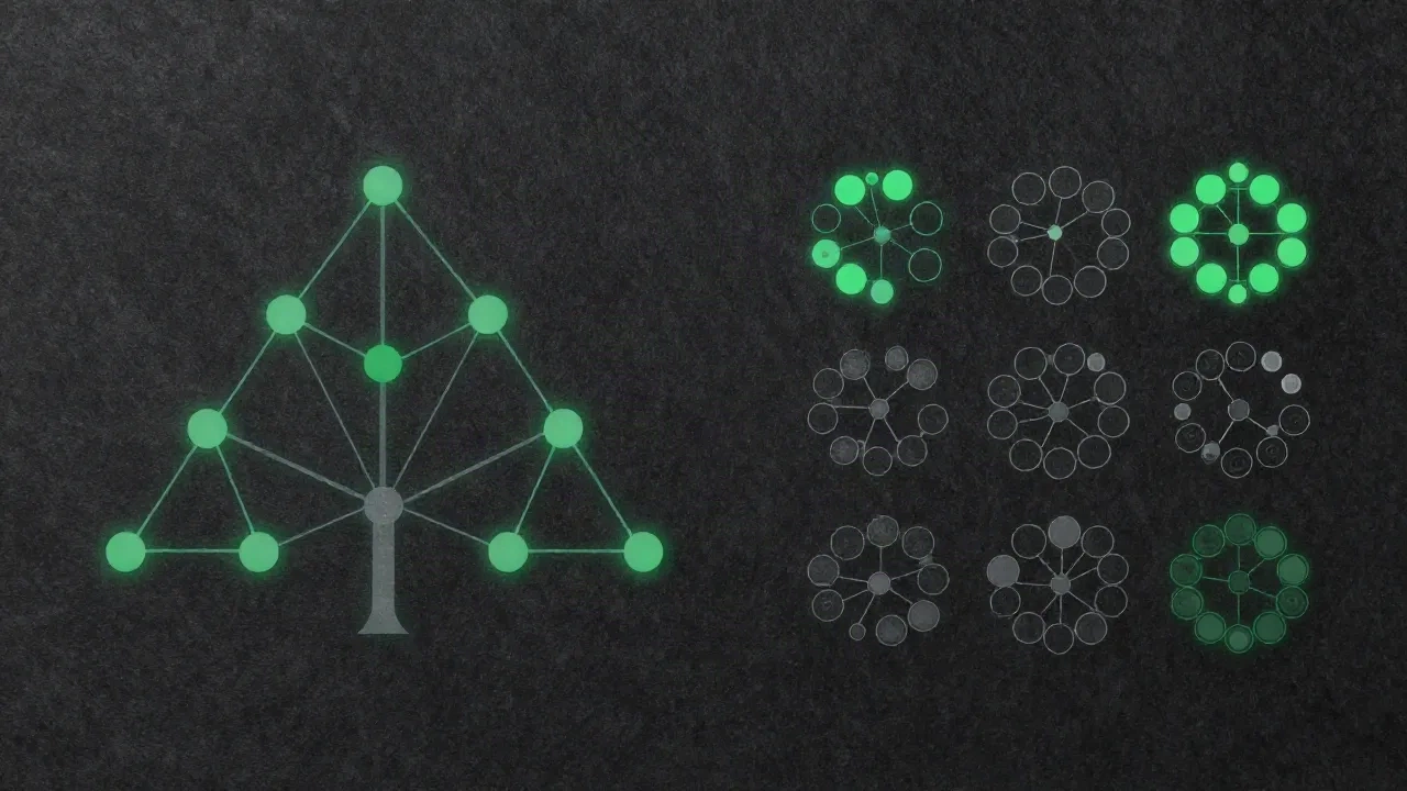 Monorepo- vs Polyrepo-Architekturdiagramm zeigt einen einheitlichen Baum und isolierte Cluster auf dunklem Hintergrund