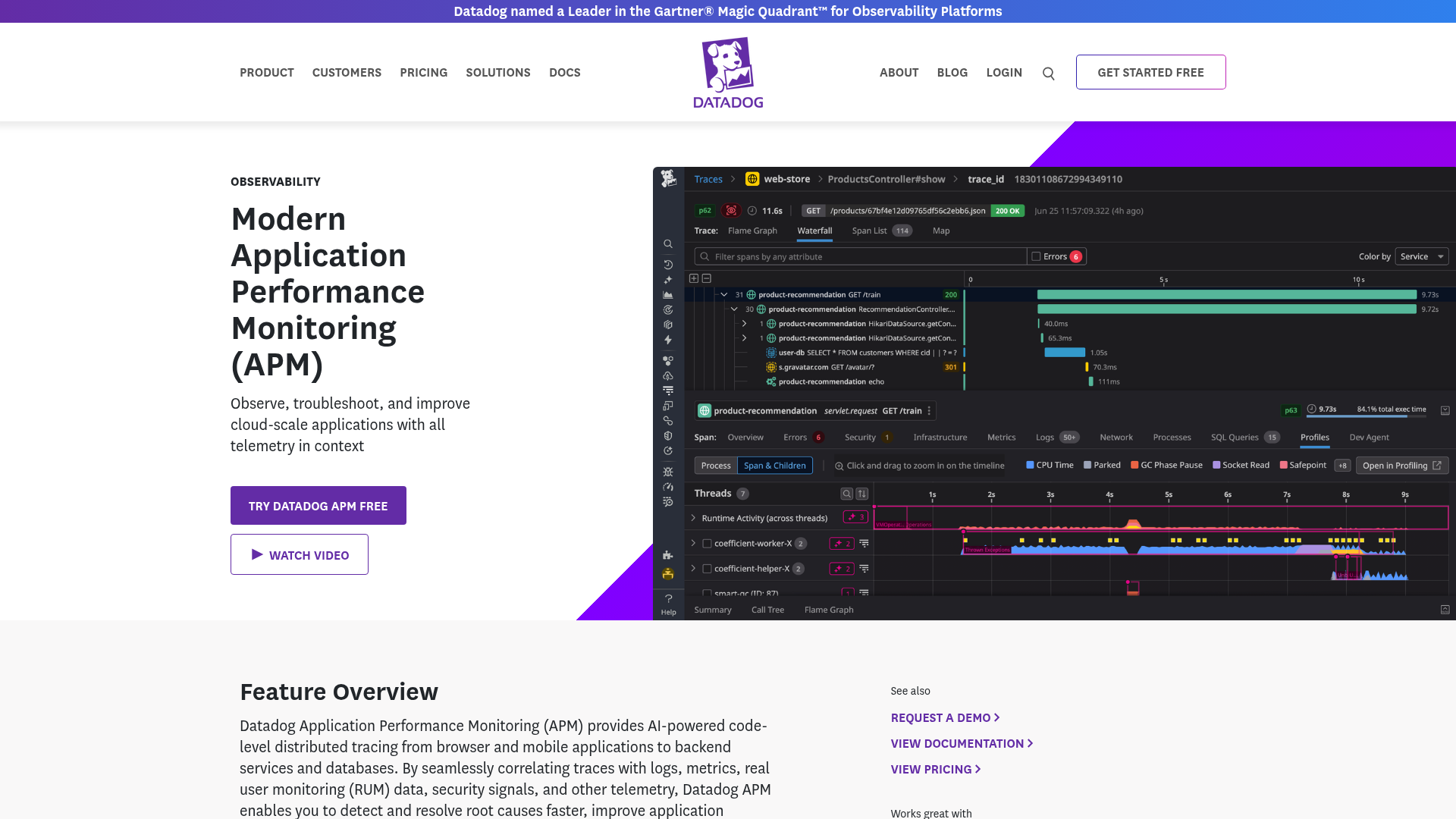 Datadog APM distributed tracing waterfall view showing a 9.73 second trace across services