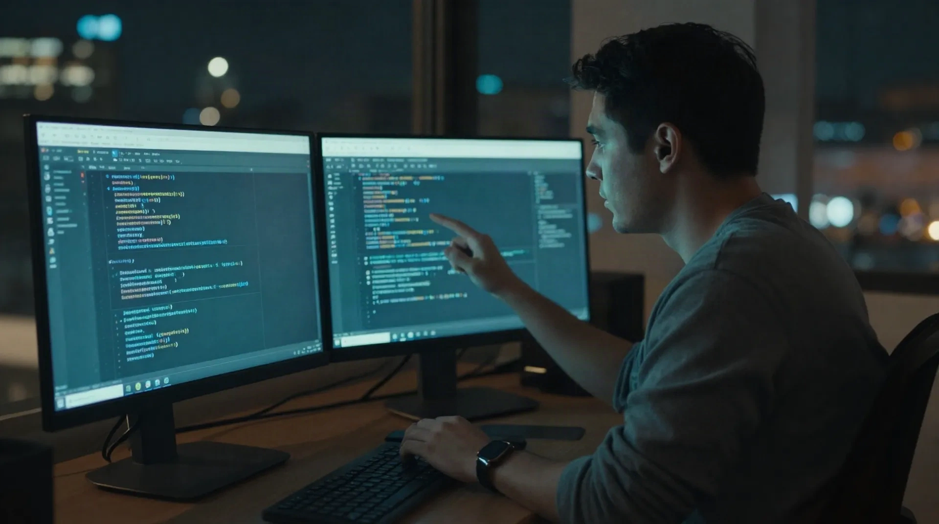 Software engineer reviewing a pull request diff on dual monitors at night