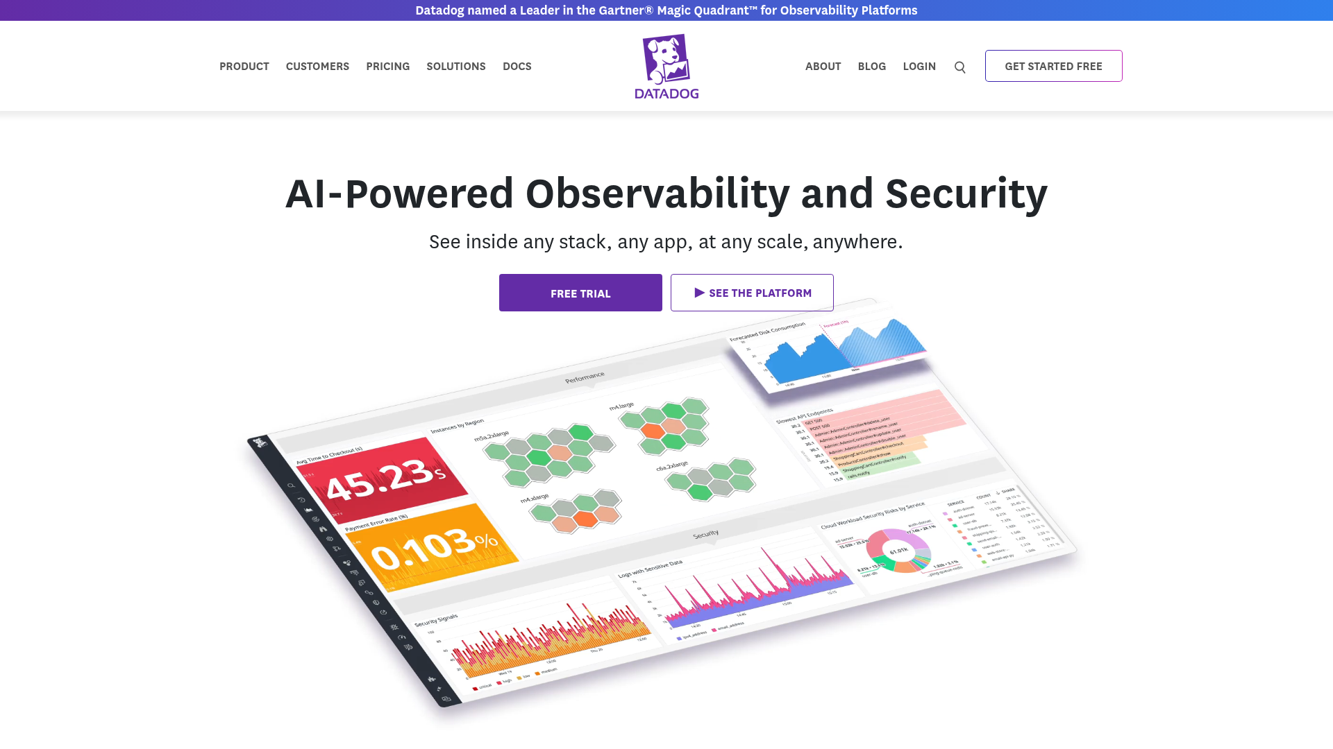 Datadog homepage showing its AI-powered observability dashboard with unified metrics, security, and infrastructure health