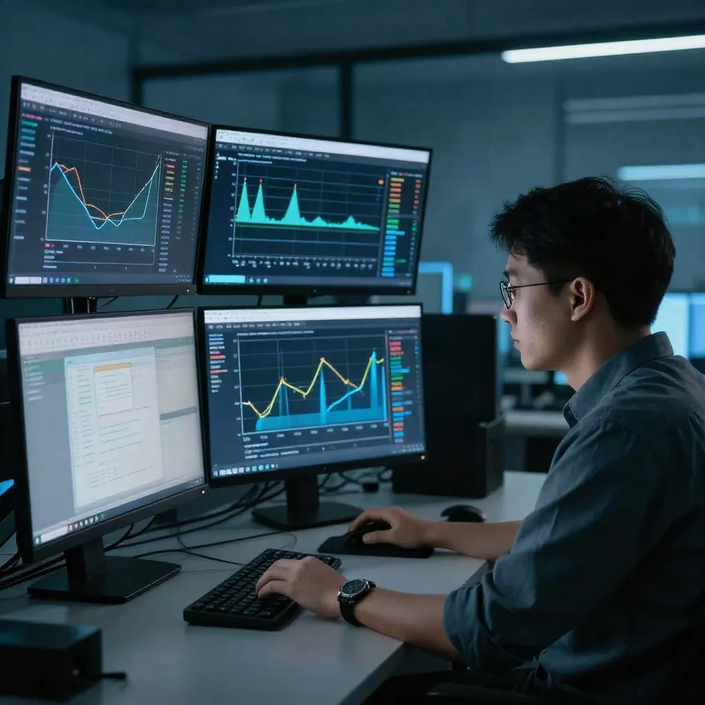 Ingeniero SRE monitorizando métricas de despliegue en su estación de trabajo con varios dashboards