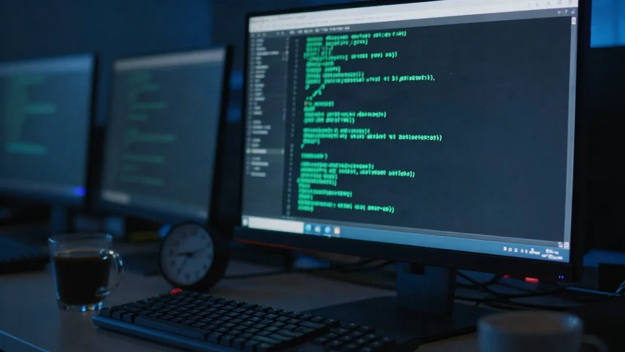 Ciemny monitor z terminalem harmonogramowania obok zegara analogowego na biurku inżyniera w nocy