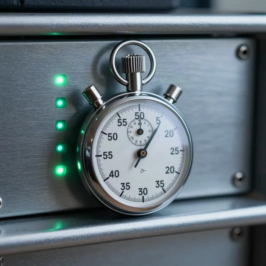 Stopwatch resting on a server rack panel, a picture of lead time