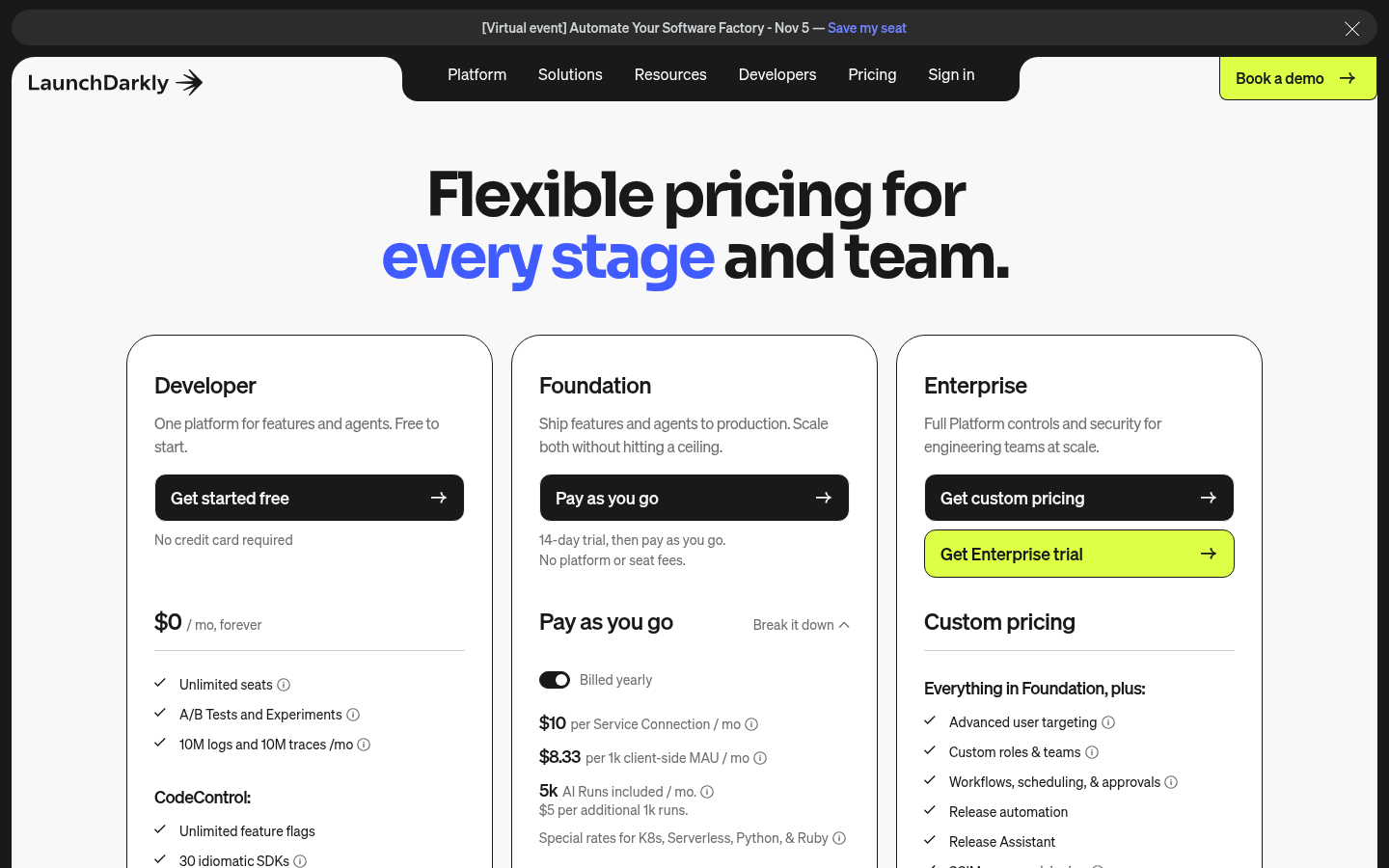 LaunchDarkly pricing page showing Developer, Foundation and Enterprise plans with $10 per service connection and $8.33 per 1k client-side MAU billed yearly