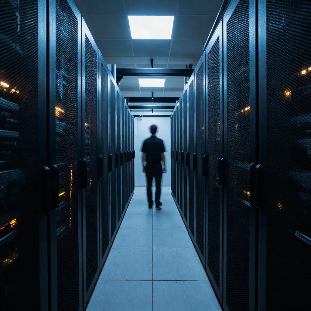 Engenheiro caminhando por um corredor de racks de servidores iluminado em azul e âmbar