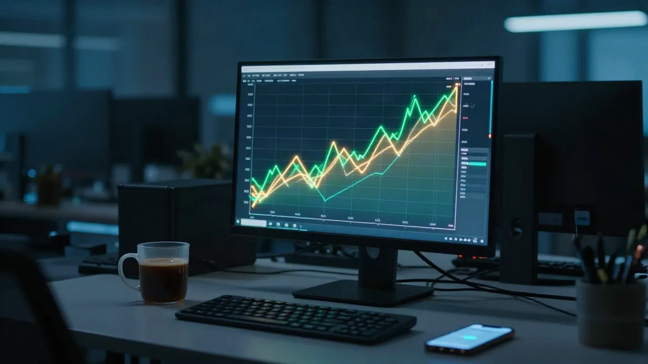 Schreibtisch eines Engineers nachts mit Monitor, der Delivery-Trend-Linien zeigt