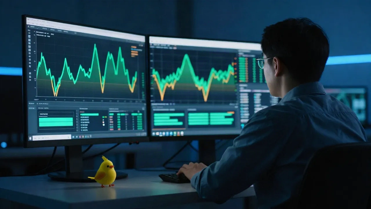 Ingenieur vor Monitoren mit Latenzkurven für Canary und Baseline, daneben eine kleine gelbe Canary-Figur auf dem Schreibtisch