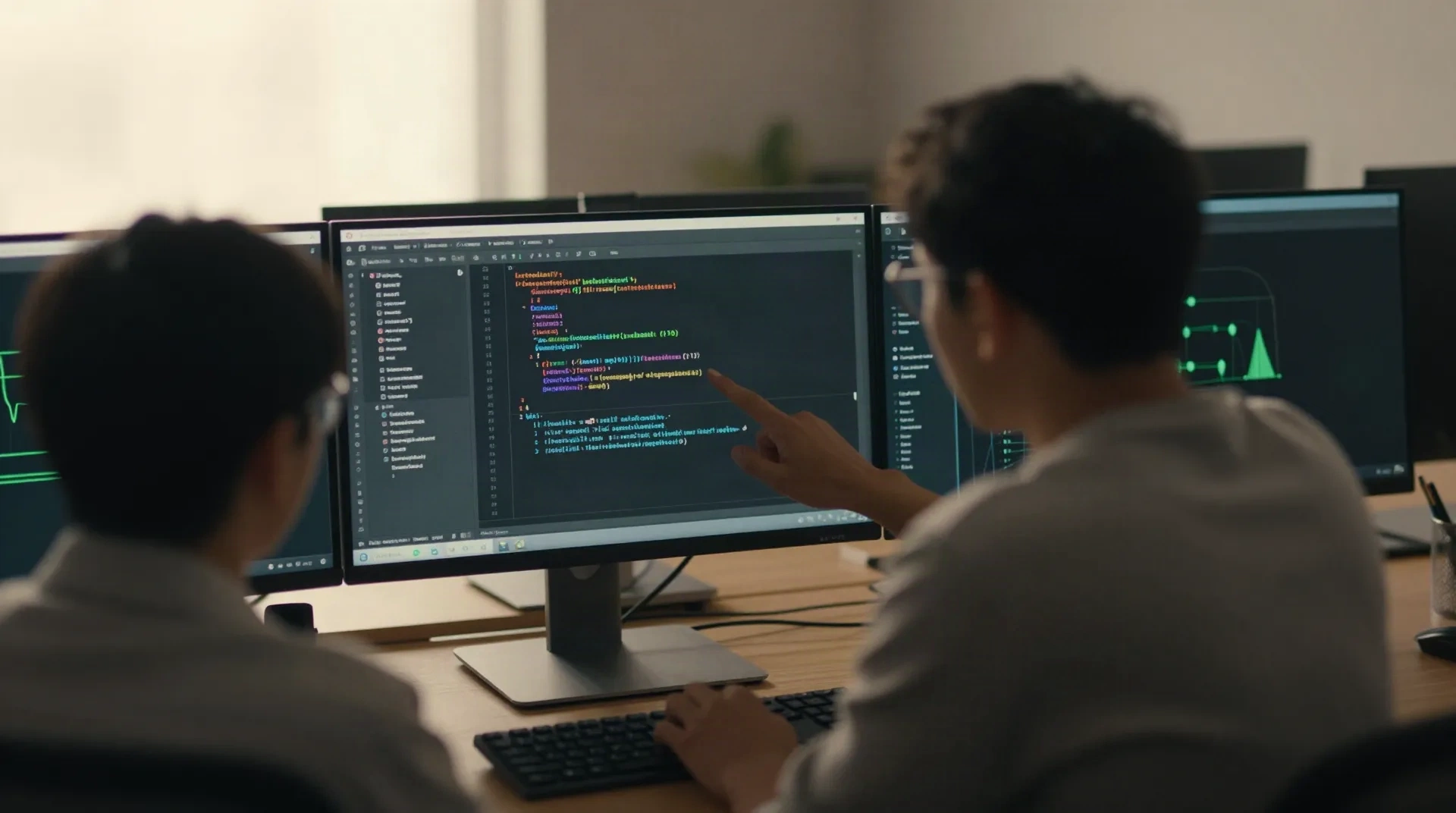 Due ingegneri che esaminano codice scritto con l'AI su un monitor condiviso, accanto a un grafico di deploy