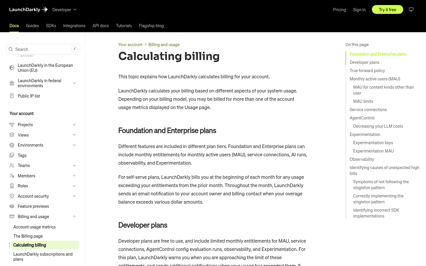 LaunchDarkly documentation page Calculating billing, covering MAU, service connections and Foundation plan overages