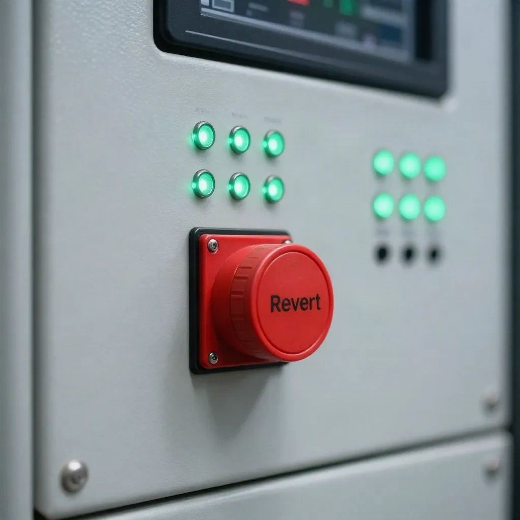 Painel de controle industrial com uma chave vermelha de reversão protegida e fileiras de luzes indicadoras verdes