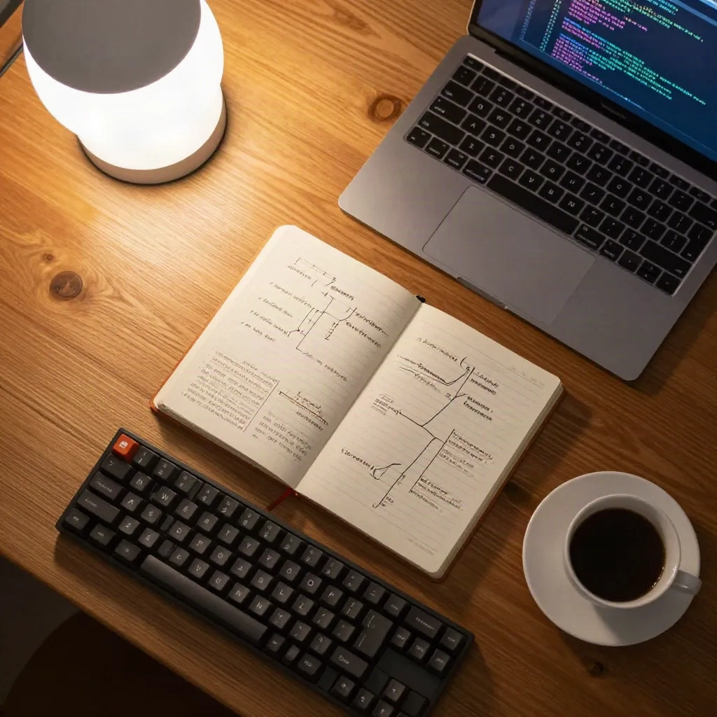 Caderno com diagramas de fluxo desenhados à mão, ao lado de teclado e notebook sobre uma mesa de madeira