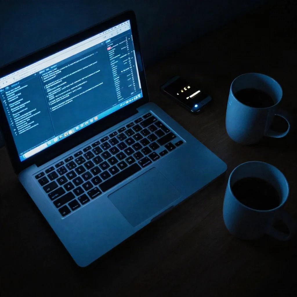 深夜のデスクにあるノートPCのターミナルと、点灯したスマートフォンの通知