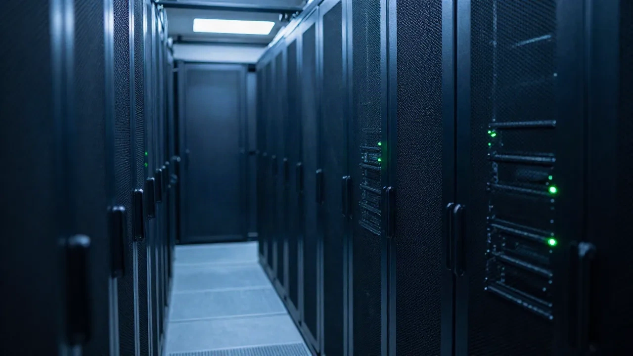 Aisle of server racks with green status lights