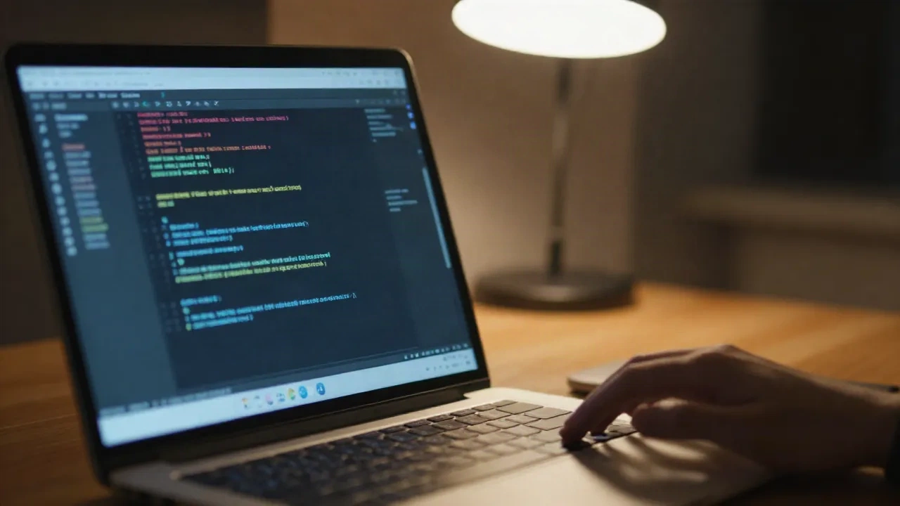 Laptop notturno con output di terminale filtrato su una scrivania da sviluppatore