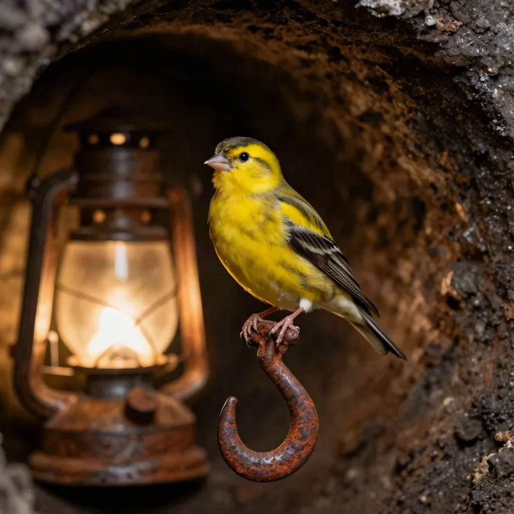Pequeno canário amarelo empoleirado num gancho de lanterna num túnel escuro de mina