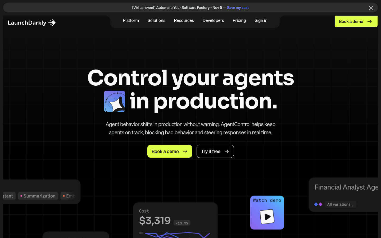 LaunchDarkly AgentControl product page: Control your agents in production
