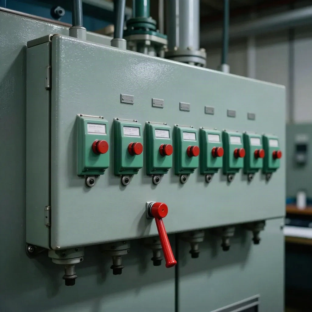 Industrial breaker panel with one red lever pulled, a picture of a failed change