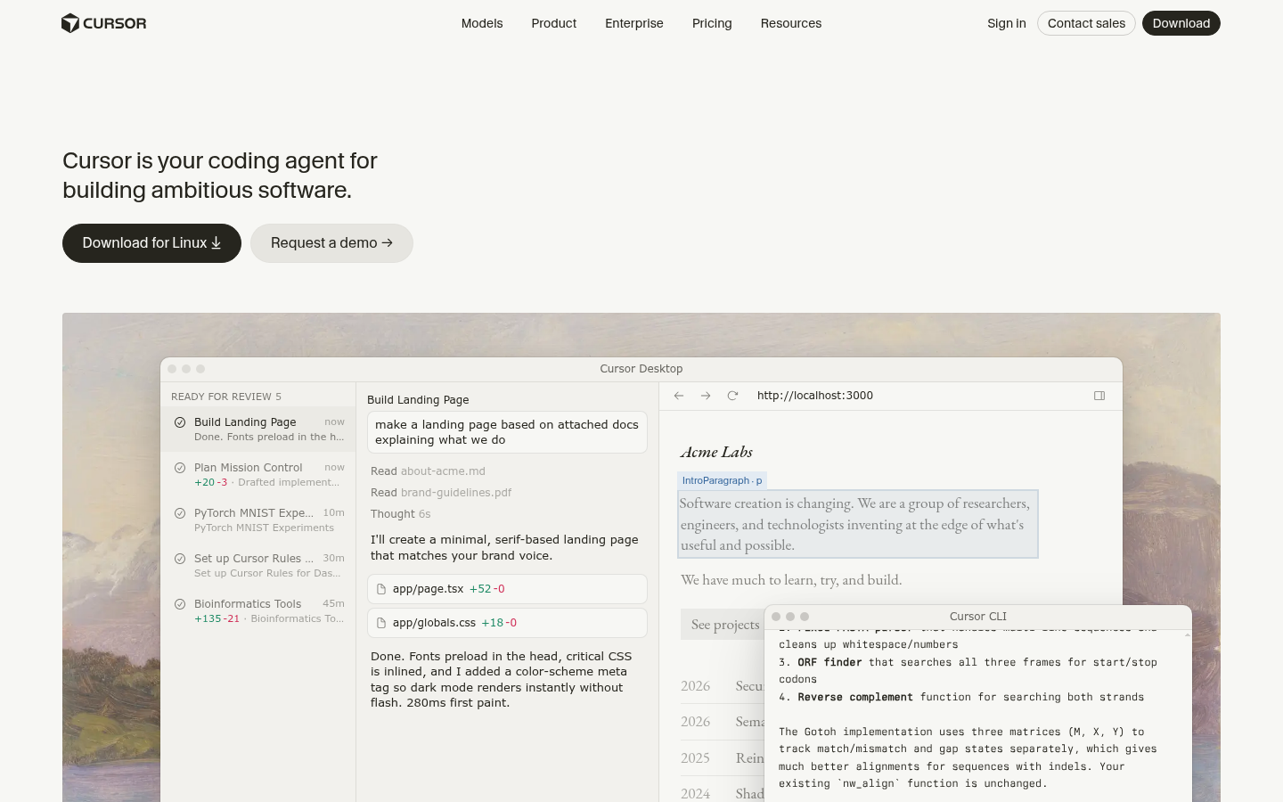 Cursor のホームページのスクリーンショット。AI コーディングエージェントのエディタ