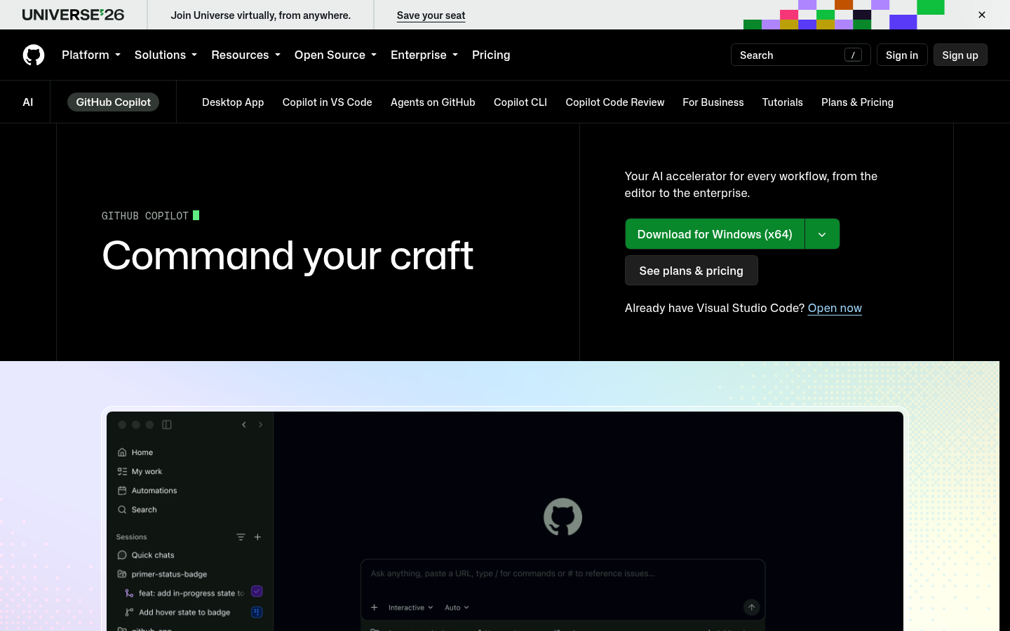 Startseite von GitHub Copilot, KI-Coding-Agent