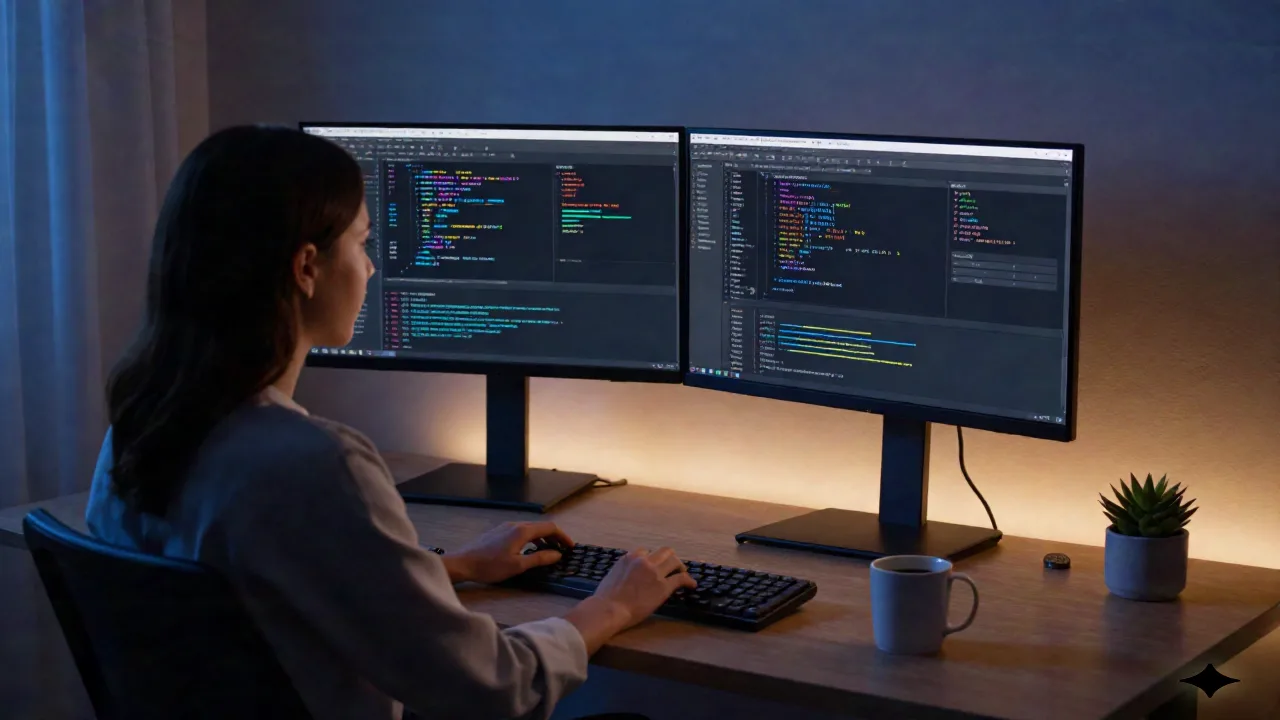 Developer at dark home office with two monitors showing code refactoring process