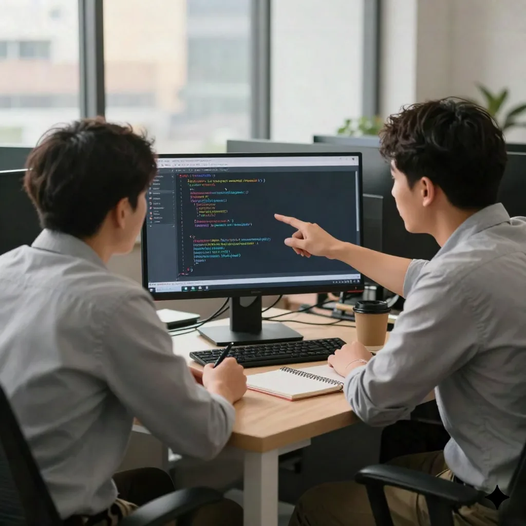 Two developers doing pair programming and code review session at shared desk