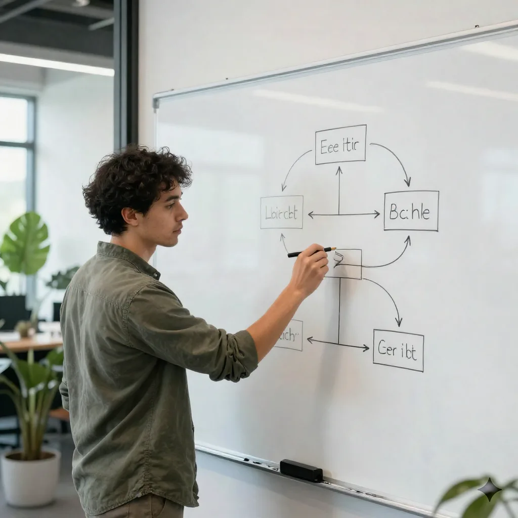 Developer at whiteboard planning code architecture refactoring diagram