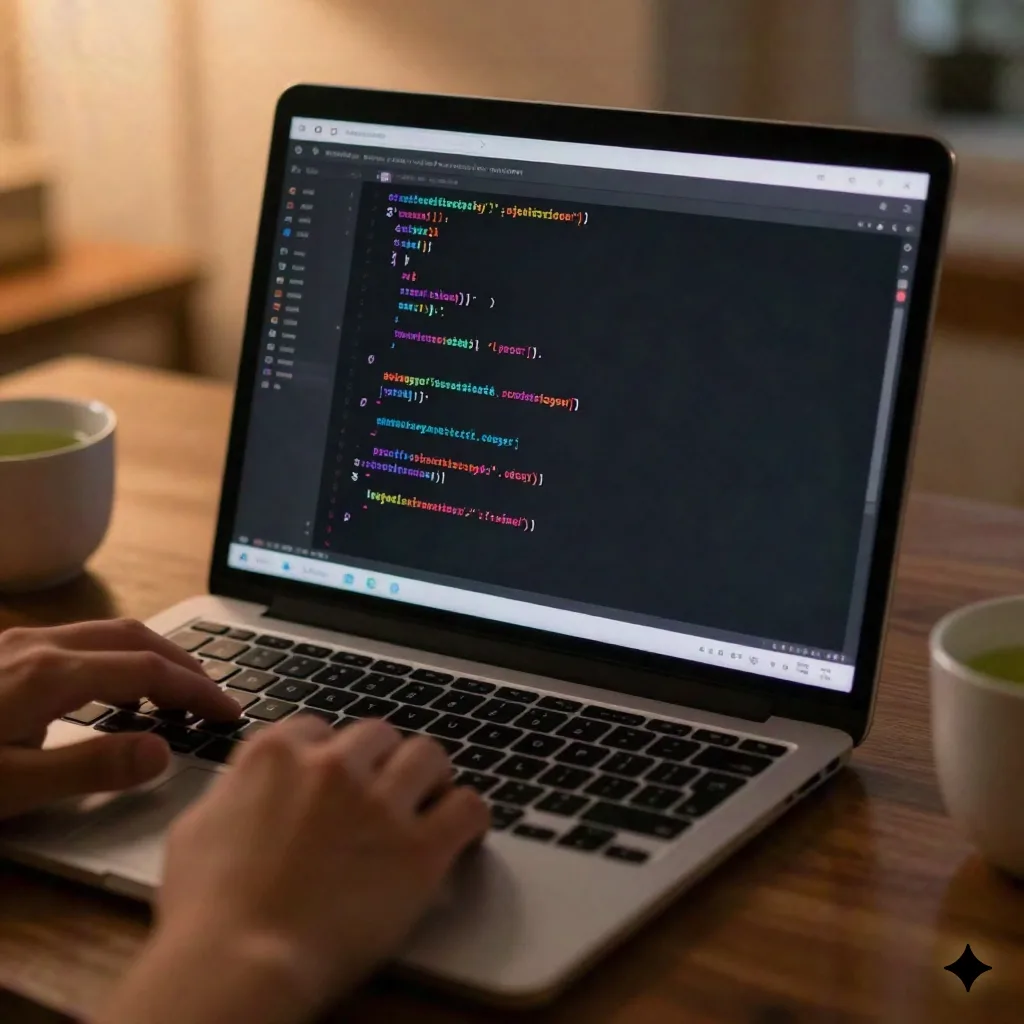 Developer at dark home office with two monitors showing code refactoring process