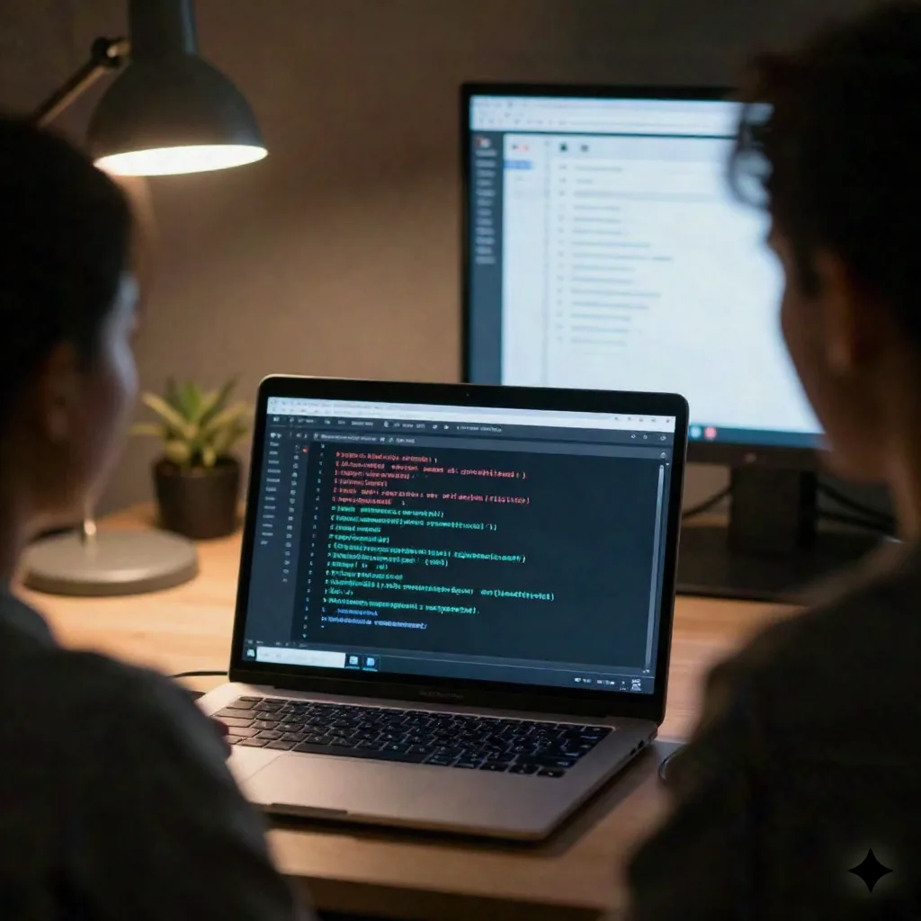 Over-the-shoulder view of a developer at night looking at a terminal with log output and a blurred task list app on a second monitor
