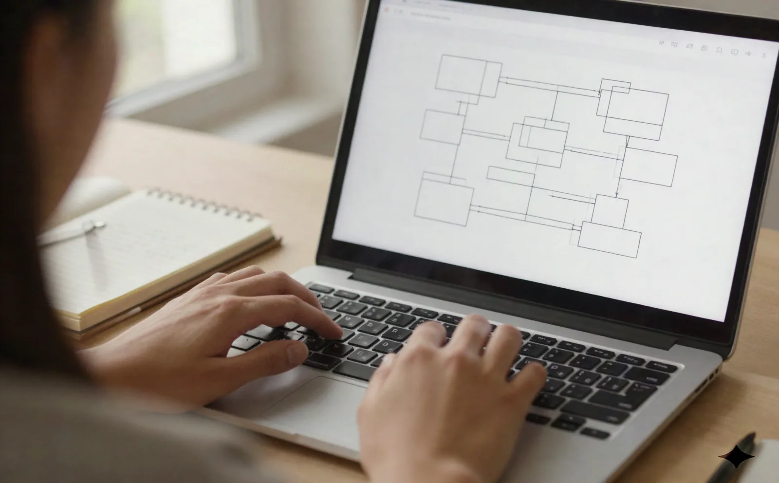 Hands typing on a keyboard next to a laptop showing a scoped project outline