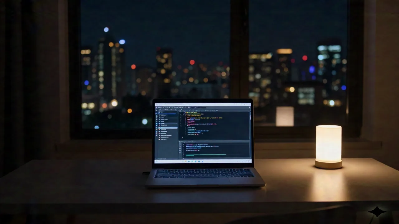 Dunkler Schreibtisch in der Nacht mit leuchtendem Laptop-Code-Editor und unscharfem Skyline durch das Fenster