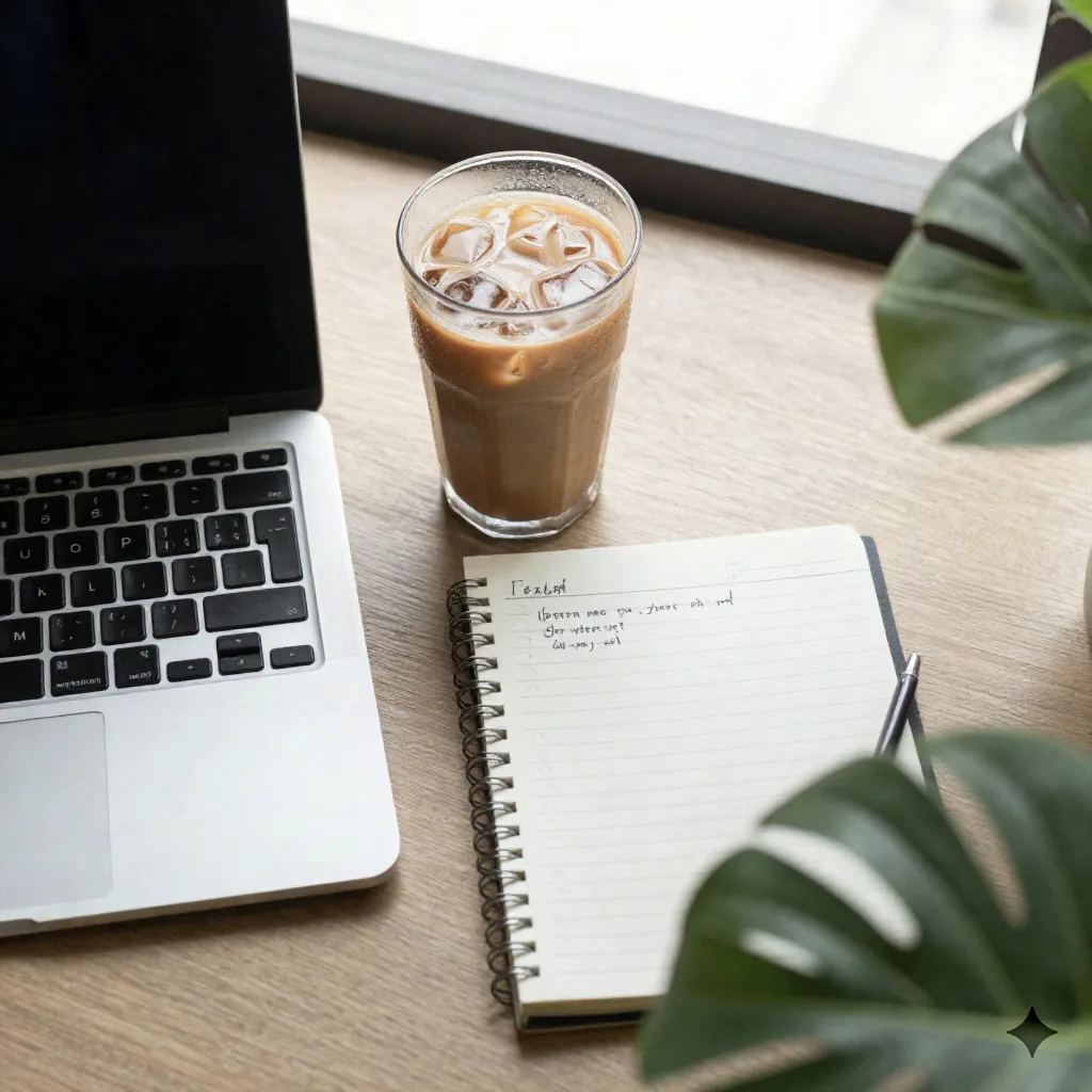 Flat lay of a laptop, iced coffee, and a handwritten task list notebook on a Bangkok co-working desk