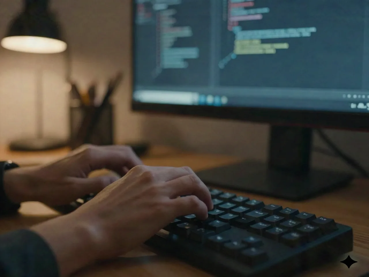 Gros plan sur des mains qui tapent sur un clavier mécanique, avec un éditeur de code qui brille sur l'écran derrière