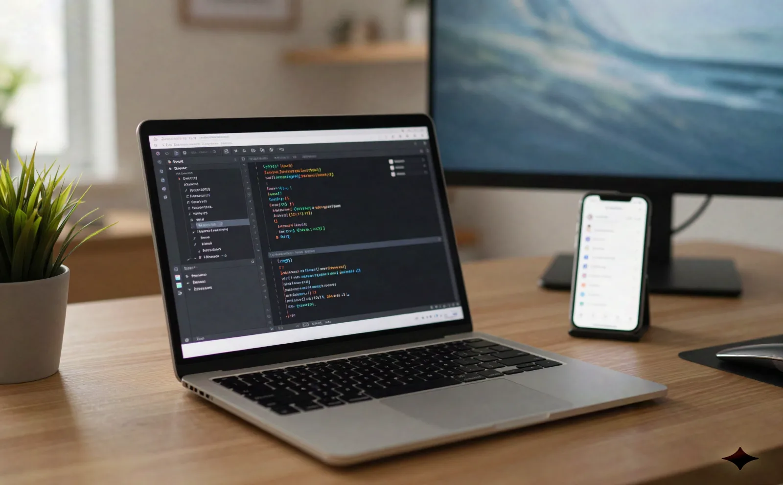 Developer desk with a laptop open to a code editor and an AI assistant panel
