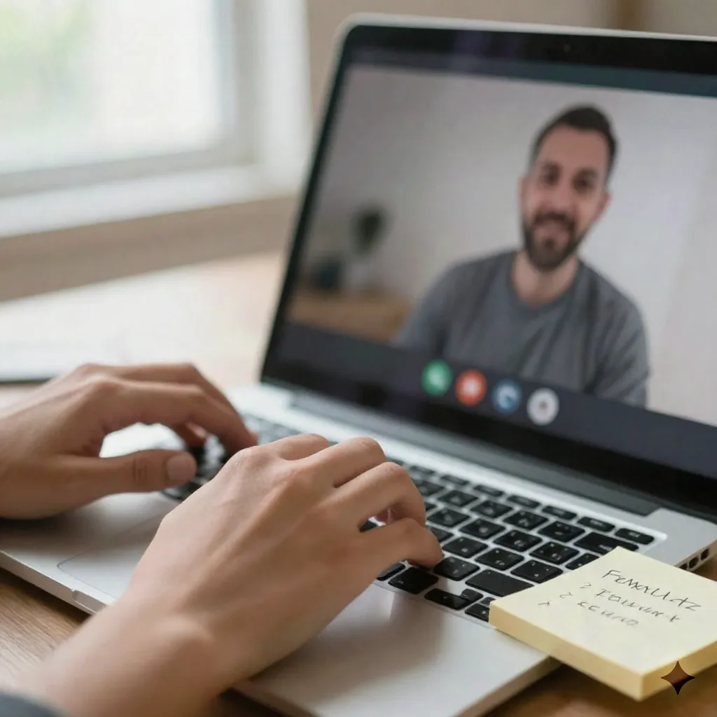 Close-up of hands typing on a laptop during a video call with sticky notes covered in handwritten task scribbles nearby