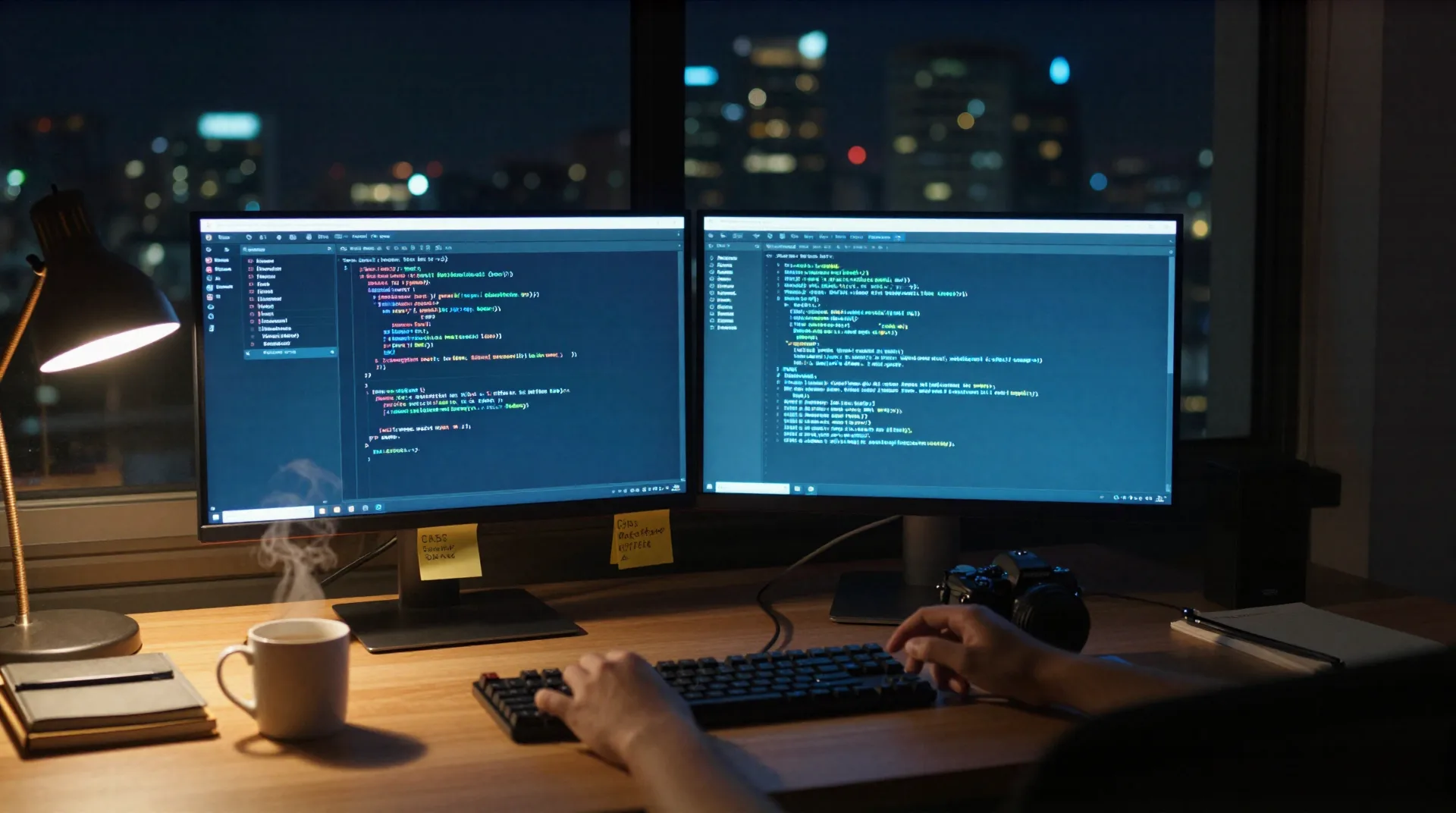 Developer working late on AI-assisted software development in a dark home office