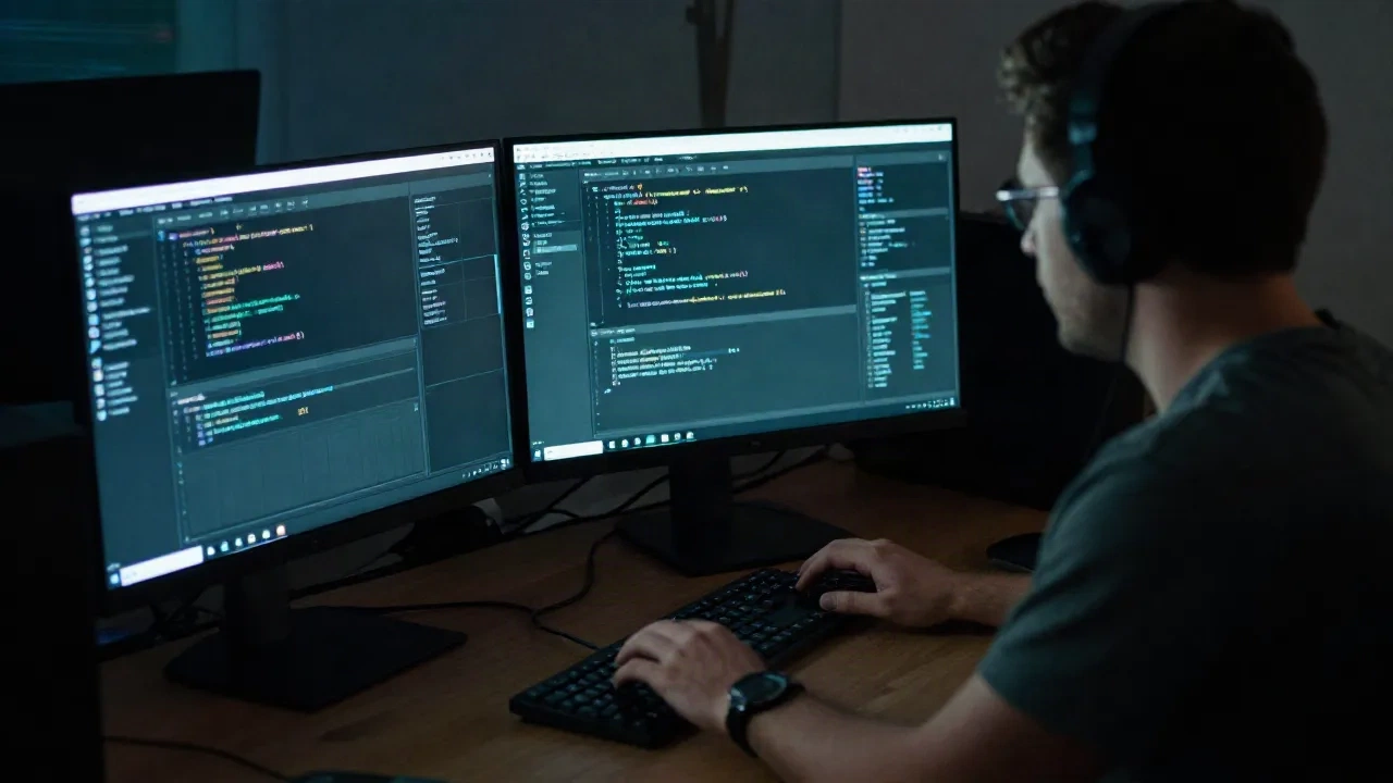 Entwickler an Dual-Monitor-Arbeitsplatz schreiben KI-unterstützten Code spät nachts